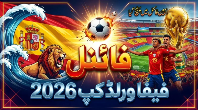 اسپین فٹ بال ٹیم فیفا ورلڈ کپ 2026 کے فائنل میں پہنچ گئی، ہسپانوی جھنڈا اور سنہری ٹرافی کی تصویر