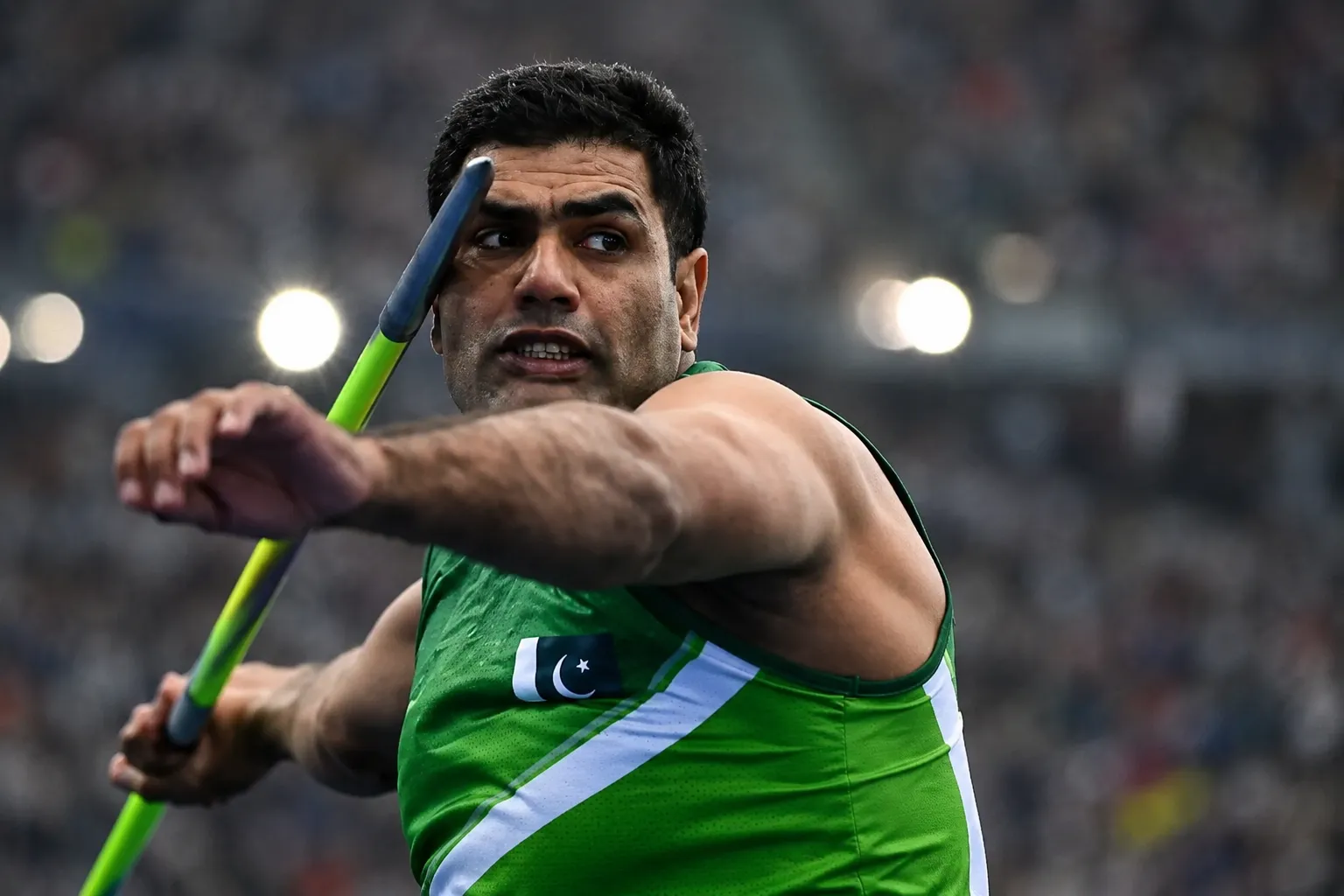 Pakistan's star javelin thrower Arshad Nadeem during his attempt in the men's javelin throw final at the Asian Athletics Championship 2026.