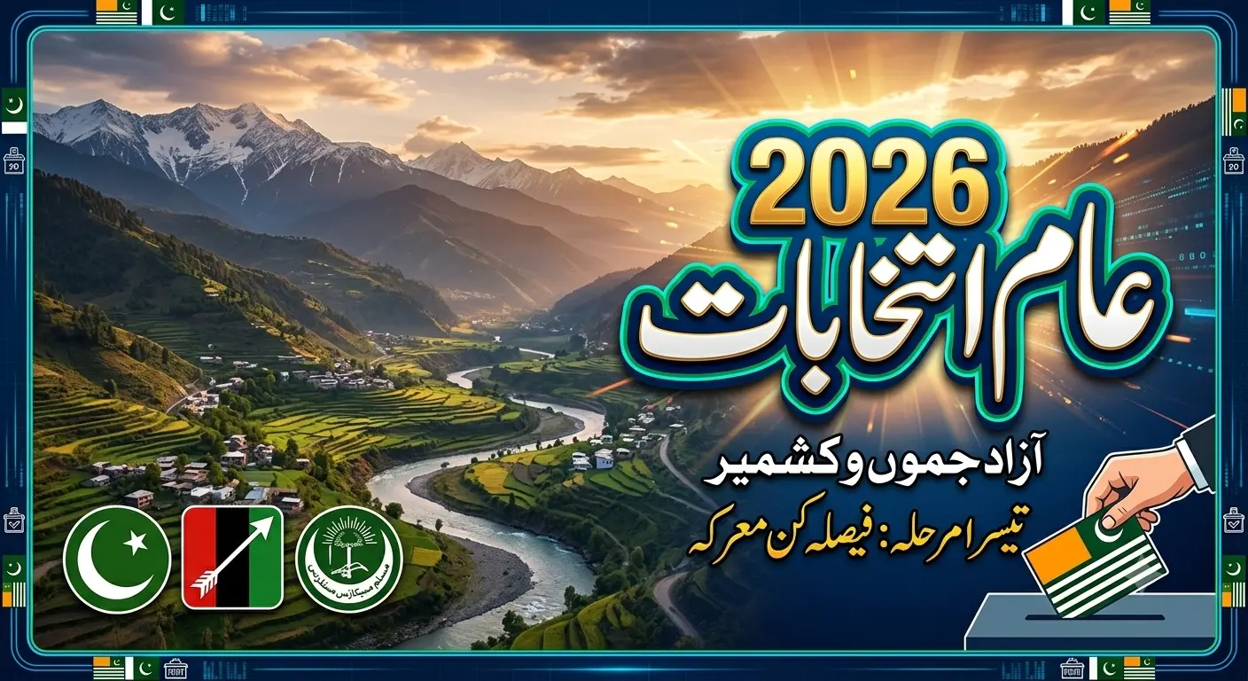 Azad Kashmir scenic valley background with news graphics showing Azad Kashmir General Elections 2026 Phase 3 update.
