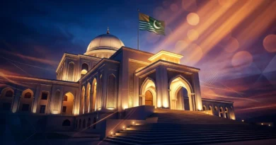 An architectural photograph of the Azad Jammu and Kashmir Legislative Assembly building in Muzaffarabad at dusk, featuring Islamic architectural elements, a green dome, and the flag of Azad Kashmir flying on the roof.