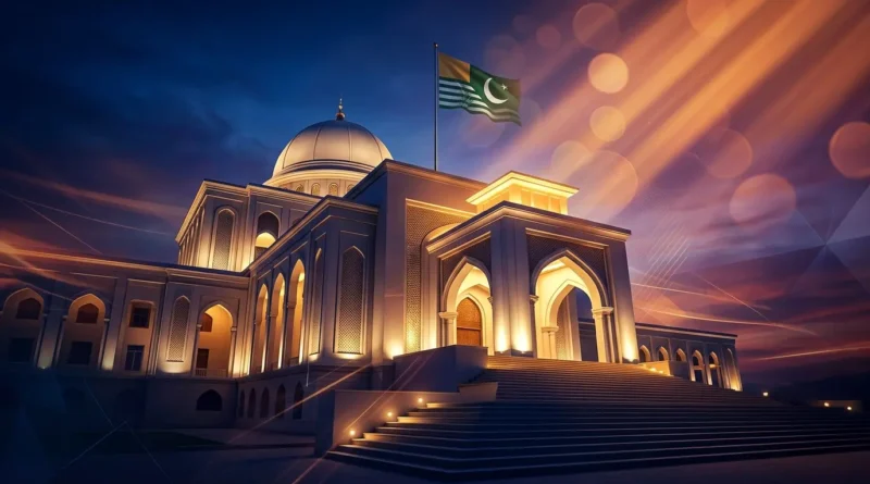 An architectural photograph of the Azad Jammu and Kashmir Legislative Assembly building in Muzaffarabad at dusk, featuring Islamic architectural elements, a green dome, and the flag of Azad Kashmir flying on the roof.