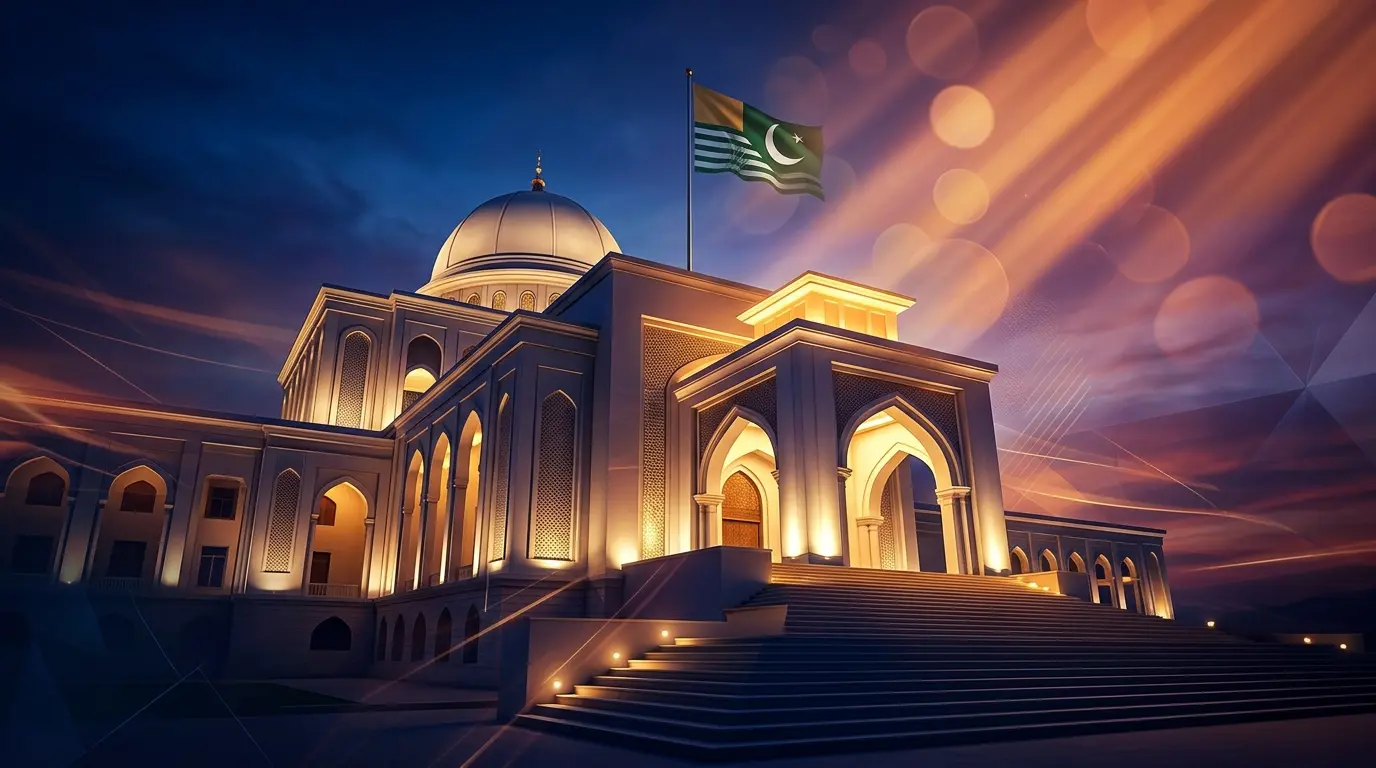 An architectural photograph of the Azad Jammu and Kashmir Legislative Assembly building in Muzaffarabad at dusk, featuring Islamic architectural elements, a green dome, and the flag of Azad Kashmir flying on the roof.