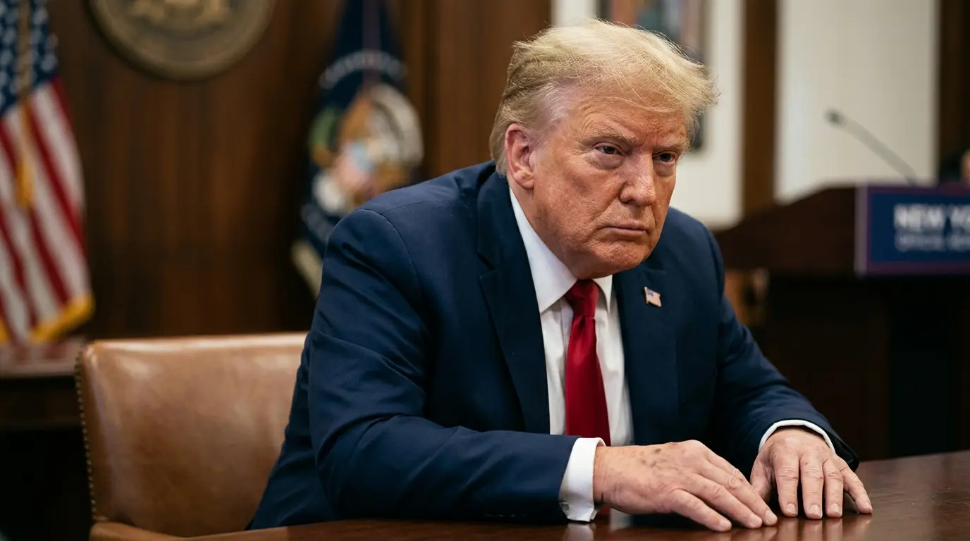 Donald Trump sitting at a table looking solemn amid health concerns and weight gain reports