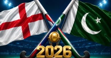 England and Pakistan national flags with crossed hockey sticks and World Cup 2026 text for match banner
