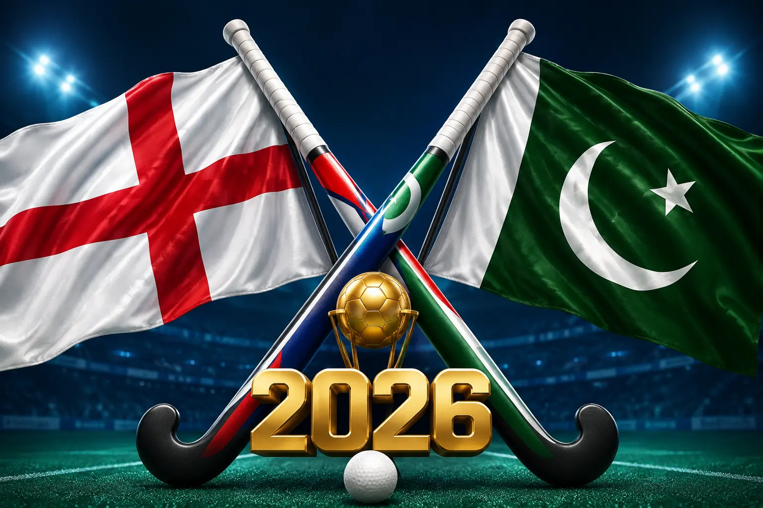 England and Pakistan national flags with crossed hockey sticks and World Cup 2026 text for match banner
