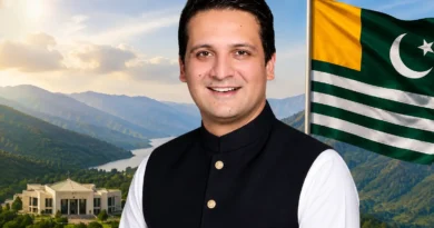 Iftikhar Gilani Prime Minister of Azad Jammu and Kashmir in traditional Shalwar Kameez and waistcoat with a mountain landscape background