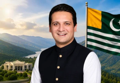 Iftikhar Gilani Prime Minister of Azad Jammu and Kashmir in traditional Shalwar Kameez and waistcoat with a mountain landscape background