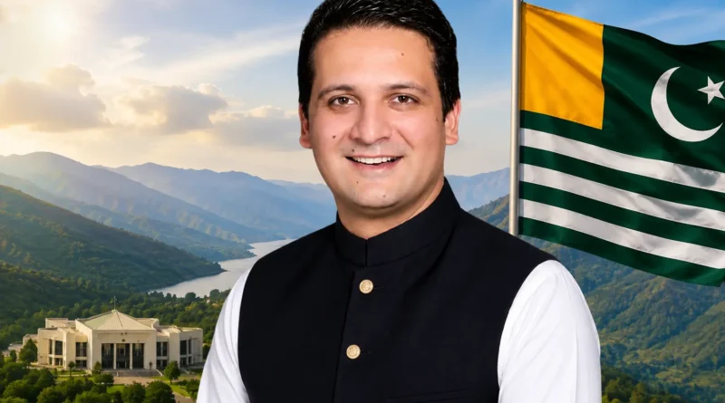 Iftikhar Gilani Prime Minister of Azad Jammu and Kashmir in traditional Shalwar Kameez and waistcoat with a mountain landscape background