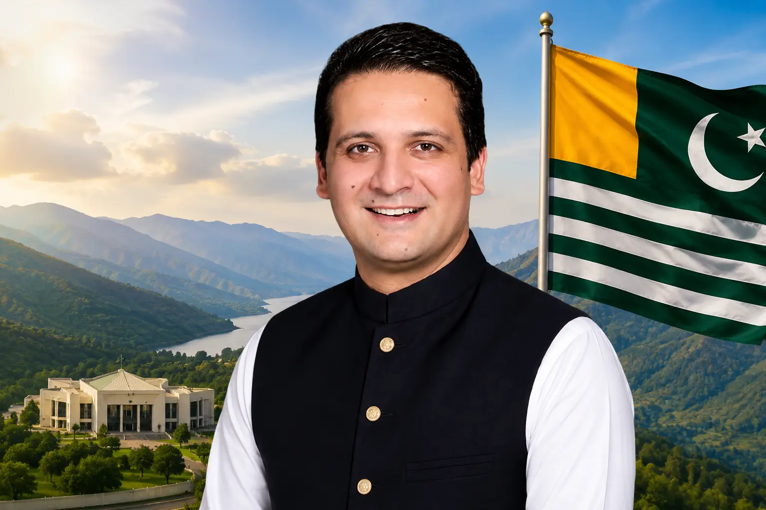 Iftikhar Gilani Prime Minister of Azad Jammu and Kashmir in traditional Shalwar Kameez and waistcoat with a mountain landscape background