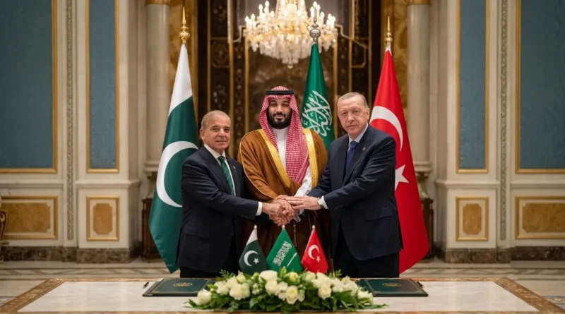 شہباز شریف، محمد بن سلمان اور رجب طیب اردگان ایک پریس ریلیز ٹیبل کے سامنے اکٹھے ہاتھ ملا رہے ہیں، جبکہ پس منظر میں پاکستان، سعودی عرب اور ترکیہ کے قومی پرچم موجود ہیں۔