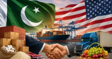 A visual representation of Pakistan US trade growth showing Parliament House Islamabad, US Capitol building, handshake, shipping containers, and financial charts.