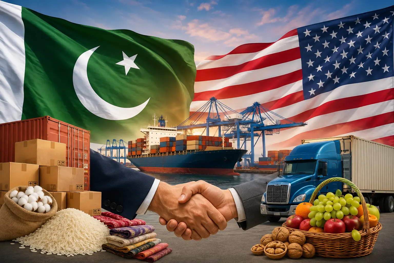 A visual representation of Pakistan US trade growth showing Parliament House Islamabad, US Capitol building, handshake, shipping containers, and financial charts.