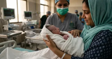 A nurse in a hospital setting helping a Pakistani mother hold her newborn baby after birth