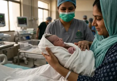 A nurse in a hospital setting helping a Pakistani mother hold her newborn baby after birth