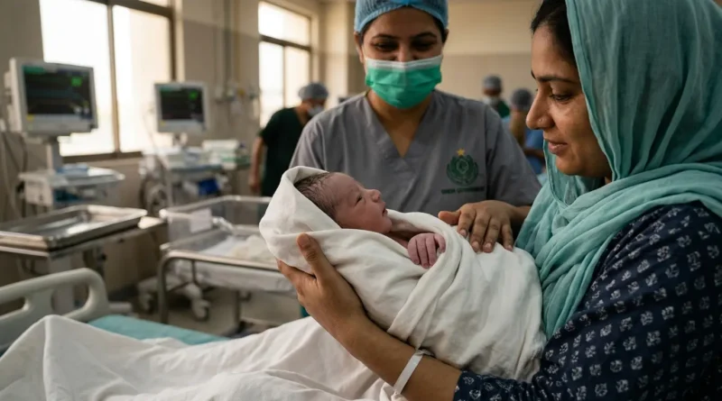 A nurse in a hospital setting helping a Pakistani mother hold her newborn baby after birth