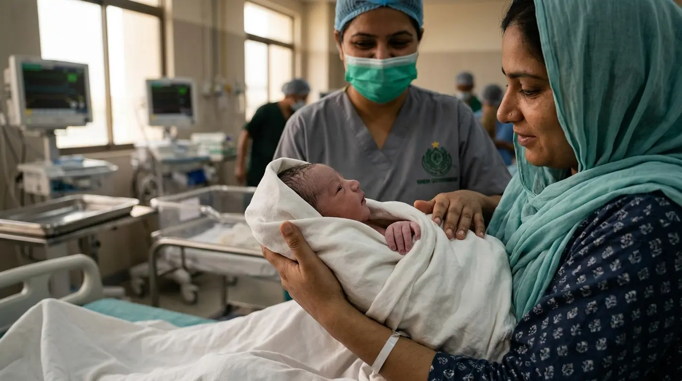 A nurse in a hospital setting helping a Pakistani mother hold her newborn baby after birth