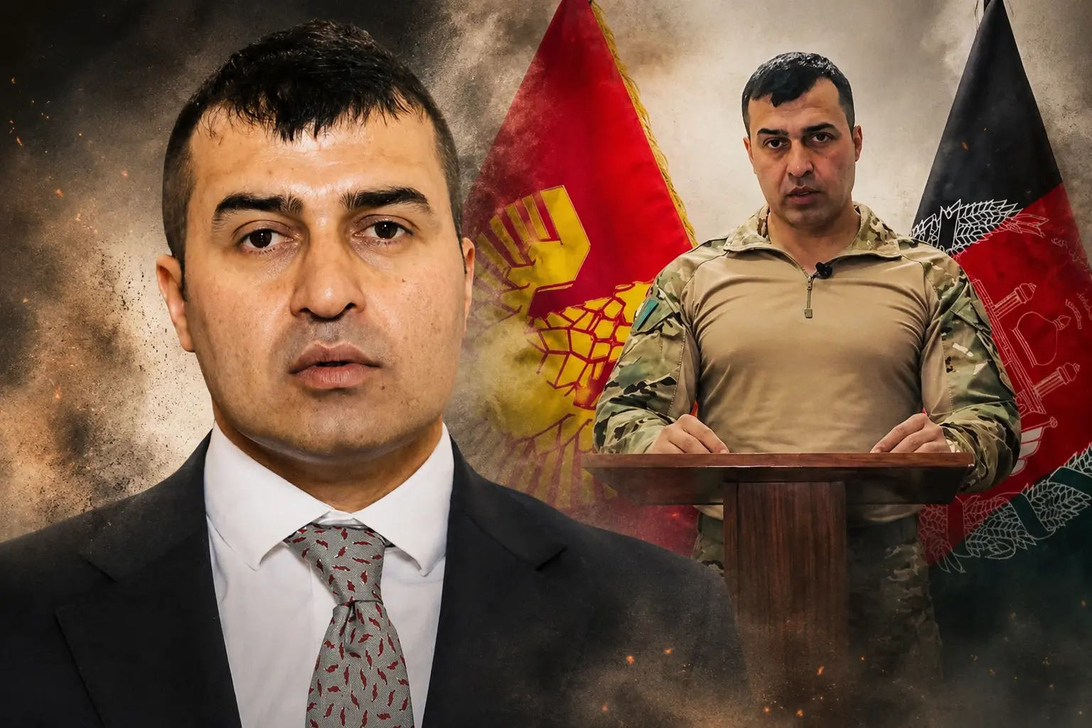 "سابق افغان جنرل سمیع سادات فوجی وردی میں افغانستان کے پرچم کے ساتھ، دوسری طرف طالبان اور دیگر گروہوں کا عکس، خبر تھمب نیل"
