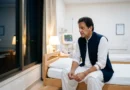 Imran Khan sitting thoughtfully in a hospital room in white clothing and a navy vest