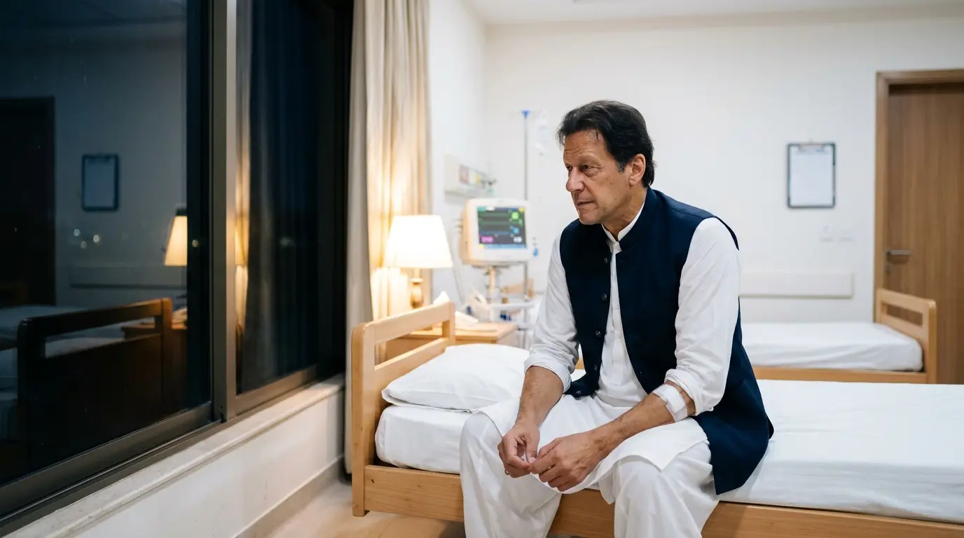 Imran Khan sitting thoughtfully in a hospital room in white clothing and a navy vest
