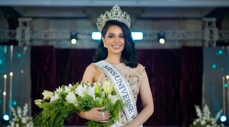 Misbah Arshad holding flowers after winning Miss Universe Pakistan 2026 title in Manila, Philippines