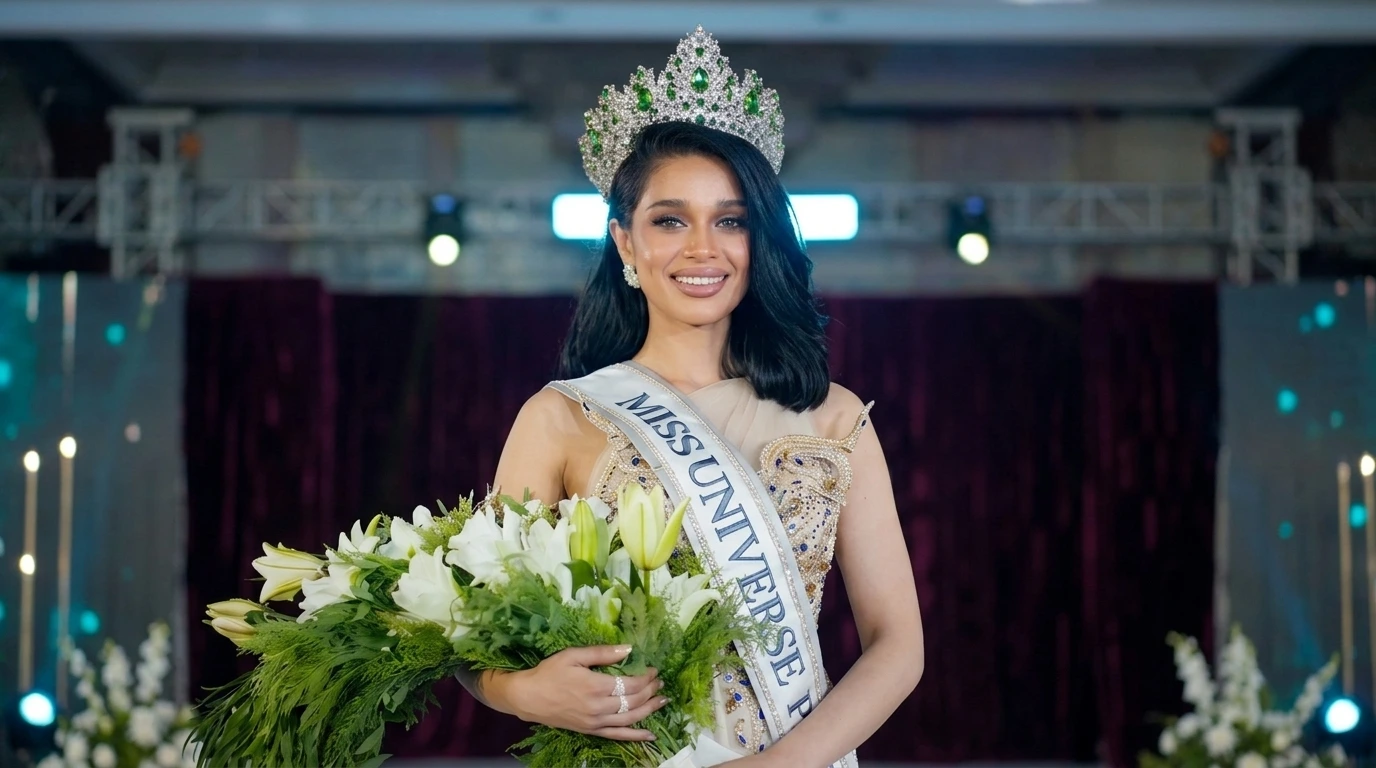 Misbah Arshad holding flowers after winning Miss Universe Pakistan 2026 title in Manila, Philippines