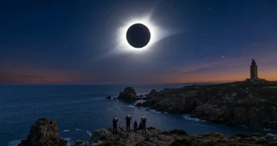 Total solar eclipse on 12 August showing glowing sun corona over coastal landscape