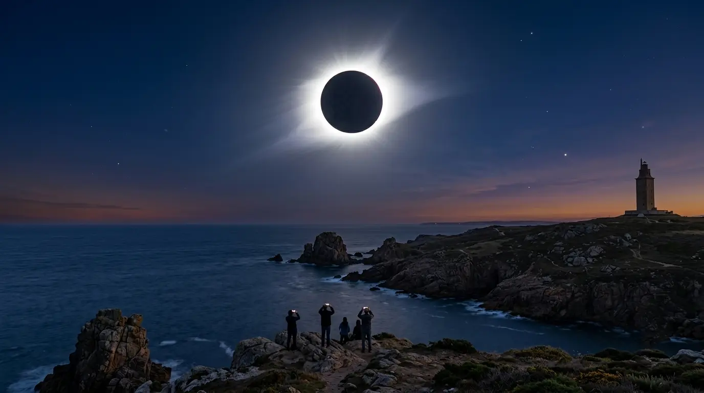 Total solar eclipse on 12 August showing glowing sun corona over coastal landscape
