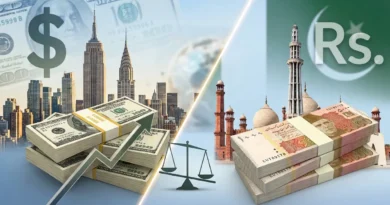 ایک طرف امریکی ڈالر، نیویارک کی بلند عمارتیں اور معاشی گراف، جبکہ دوسری طرف پاکستانی روپے، منارِ پاکستان اور فیصل مسجد کا معاشی موازنہ۔