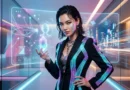 Futuristic AI virtual fashion model wearing high-tech LED suit representing the future of fashion industry and artificial intelligence modeling