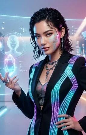 Futuristic AI virtual fashion model wearing high-tech LED suit representing the future of fashion industry and artificial intelligence modeling
