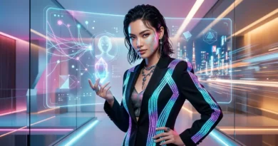 Futuristic AI virtual fashion model wearing high-tech LED suit representing the future of fashion industry and artificial intelligence modeling
