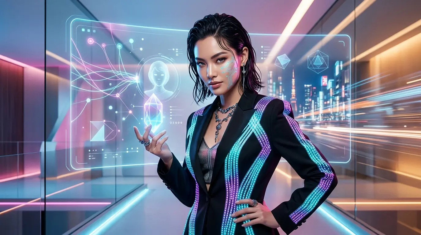Futuristic AI virtual fashion model wearing high-tech LED suit representing the future of fashion industry and artificial intelligence modeling