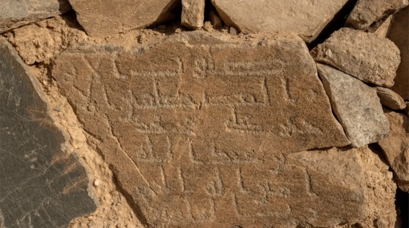 Aerial photograph of the excavated stone foundations of a 1300-year-old early Islamic mosque discovered at Al-Ma’mala archaeological site in Al-Baha region, Saudi Arabia