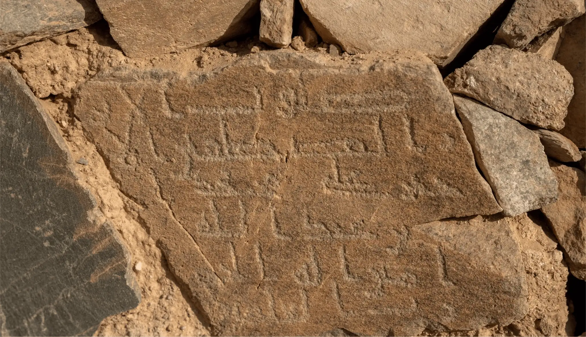 Aerial photograph of the excavated stone foundations of a 1300-year-old early Islamic mosque discovered at Al-Ma’mala archaeological site in Al-Baha region, Saudi Arabia