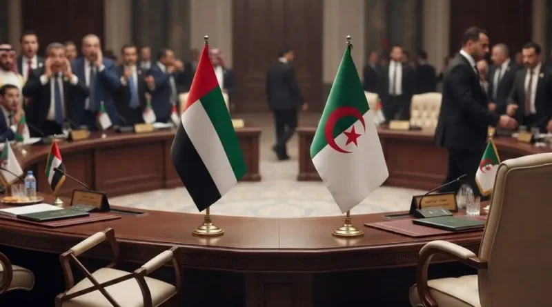 Flags of Algeria and the UAE on a diplomatic meeting table representing the severance of ties