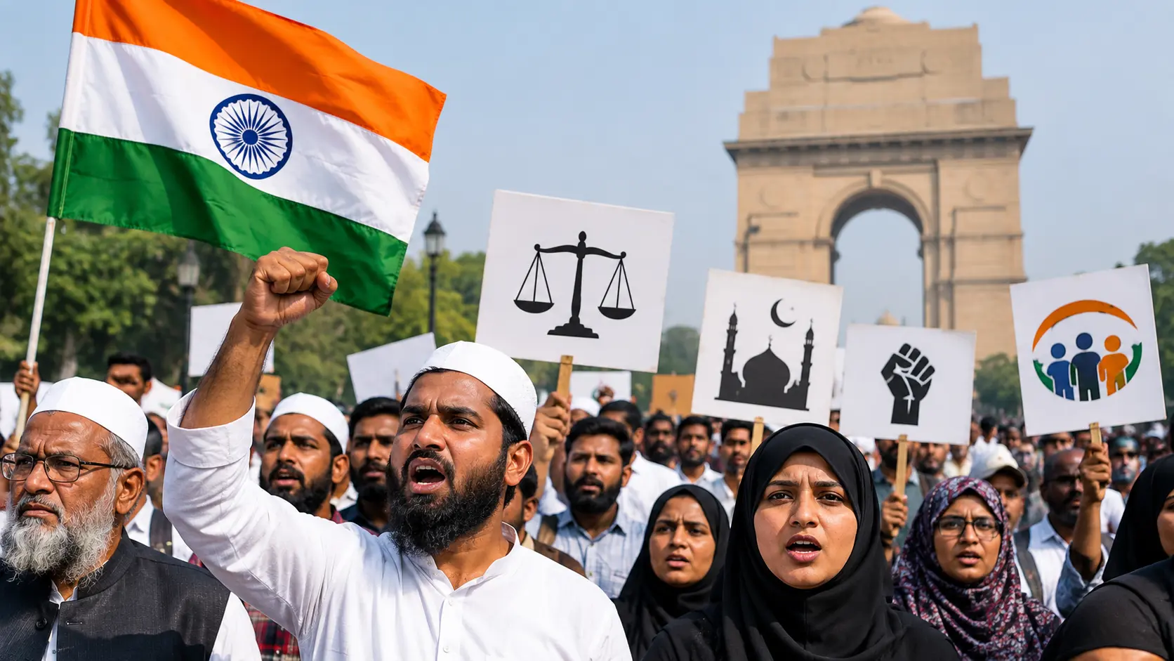 Indian Muslims protesting for the protection of secular values, constitutional rights and democratic principles