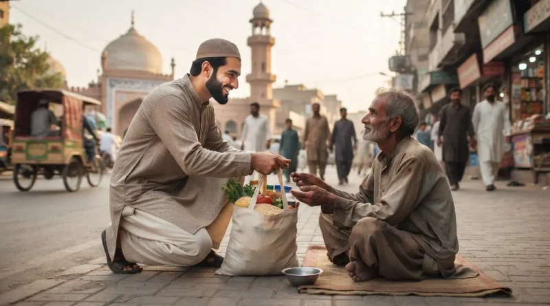 An illustrative image showing the Islamic concept of anti-begging, hard work, and community support.