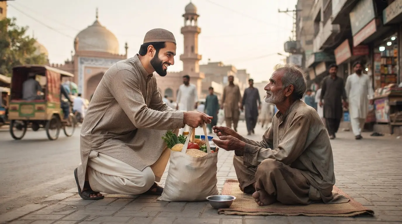 An illustrative image showing the Islamic concept of anti-begging, hard work, and community support.