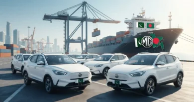 White MG cars parked at a port ready for export from Pakistan to Bangladesh with a cargo ship in the background.