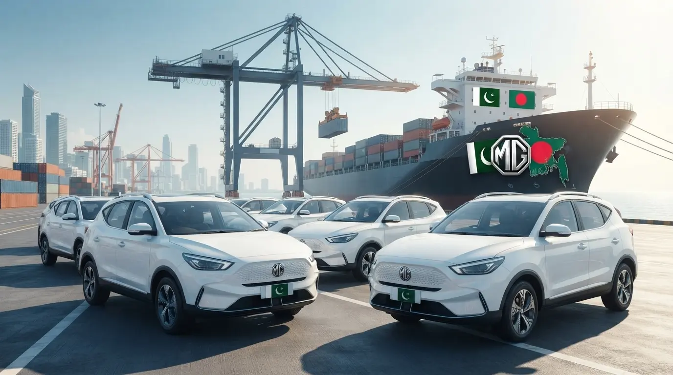 White MG cars parked at a port ready for export from Pakistan to Bangladesh with a cargo ship in the background.