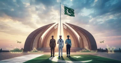 Pakistan Monument with armed forces personnel saluting and the national flag flying high on Yom-e-Difah.