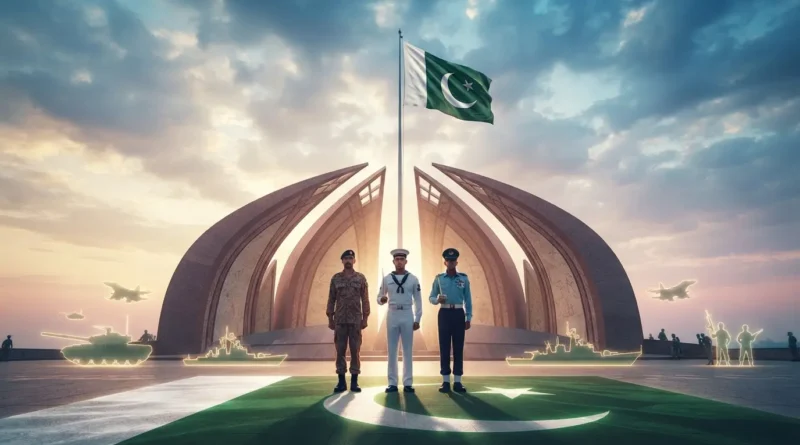 Pakistan Monument with armed forces personnel saluting and the national flag flying high on Yom-e-Difah.