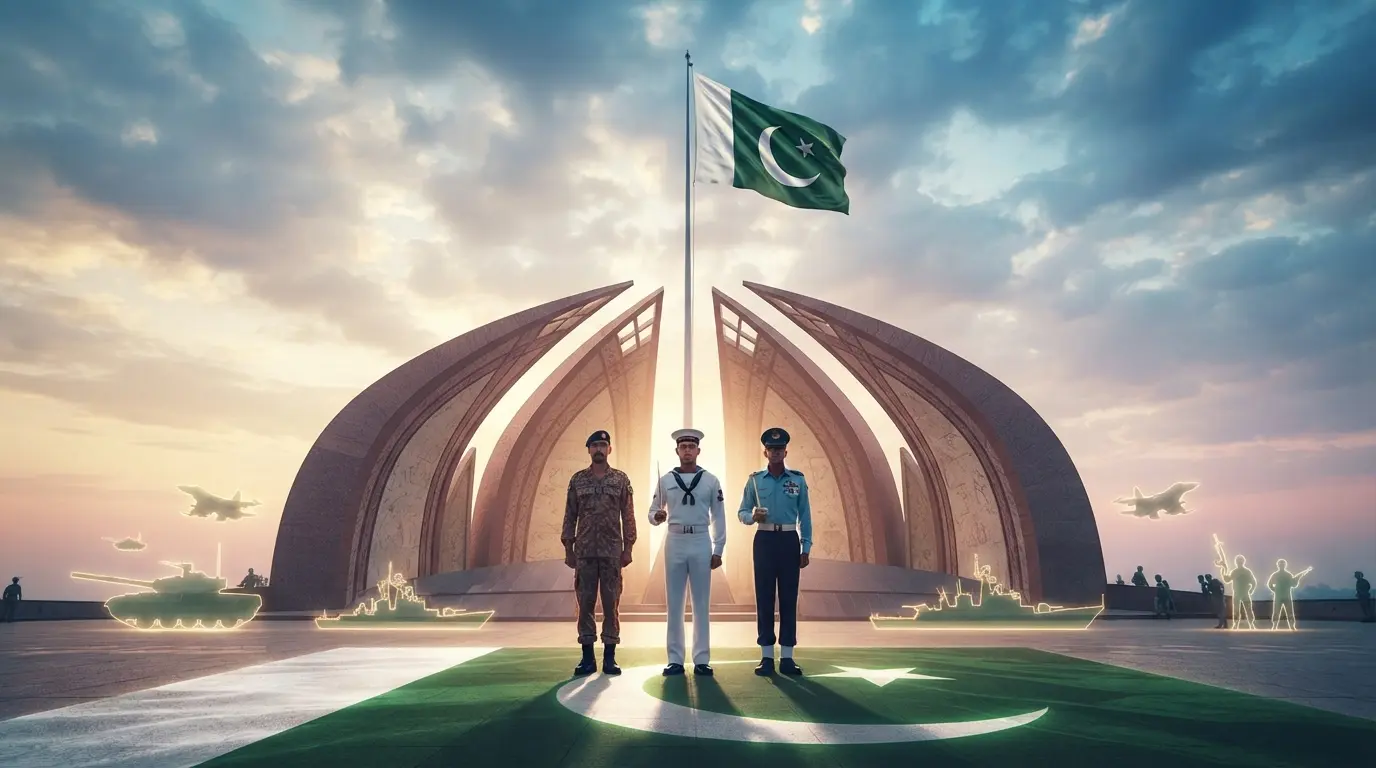 Pakistan Monument with armed forces personnel saluting and the national flag flying high on Yom-e-Difah.