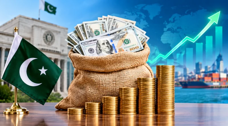 State Bank of Pakistan building with rising economic growth chart and dollar currency symbols representing foreign exchange reserves exceeding 26 billion dollars.