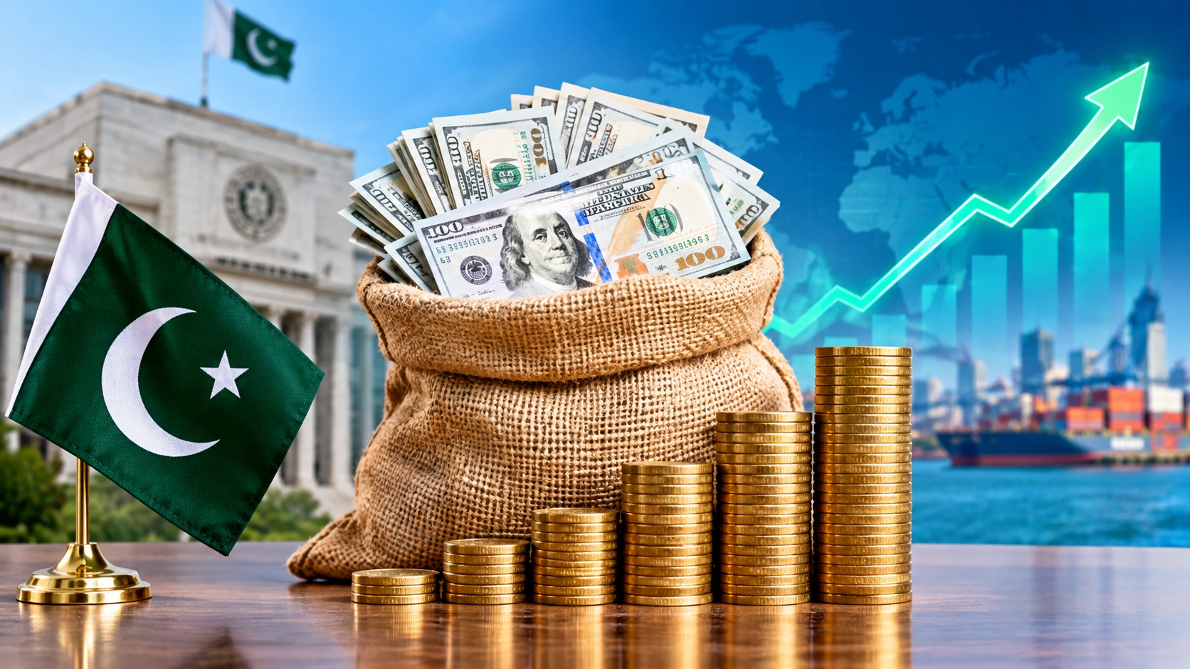 State Bank of Pakistan building with rising economic growth chart and dollar currency symbols representing foreign exchange reserves exceeding 26 billion dollars.