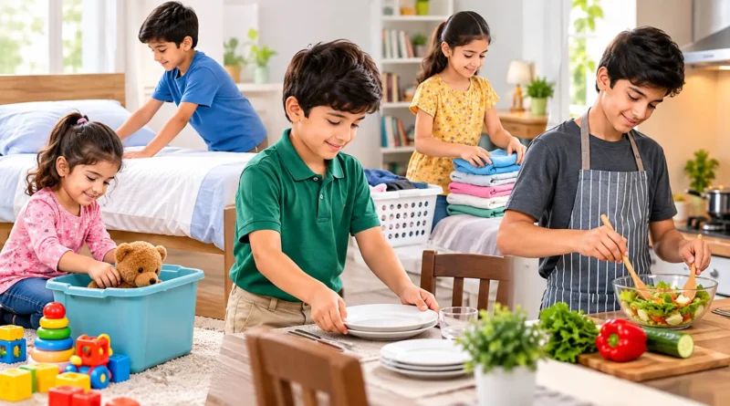 بچے عمر کے مطابق گھر کے مختلف کام کرتے ہوئے
