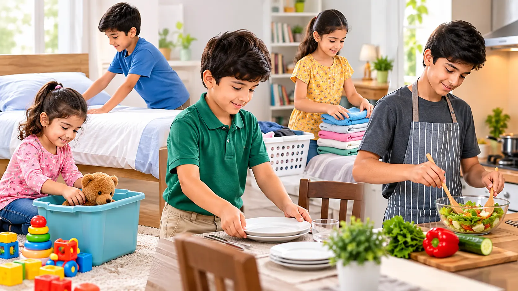بچے عمر کے مطابق گھر کے مختلف کام کرتے ہوئے