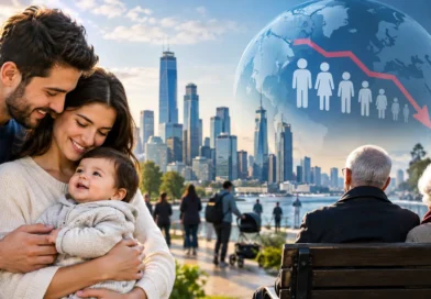 Global declining birth rates, a young family with a baby and an aging couple in a modern city