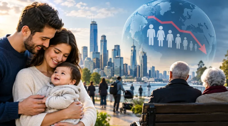 Global declining birth rates, a young family with a baby and an aging couple in a modern city