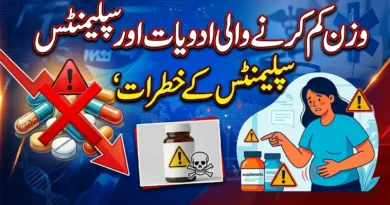 Illustration depicting weight loss pills, dietary supplements, and health warning icons related to Ozempic side effects.